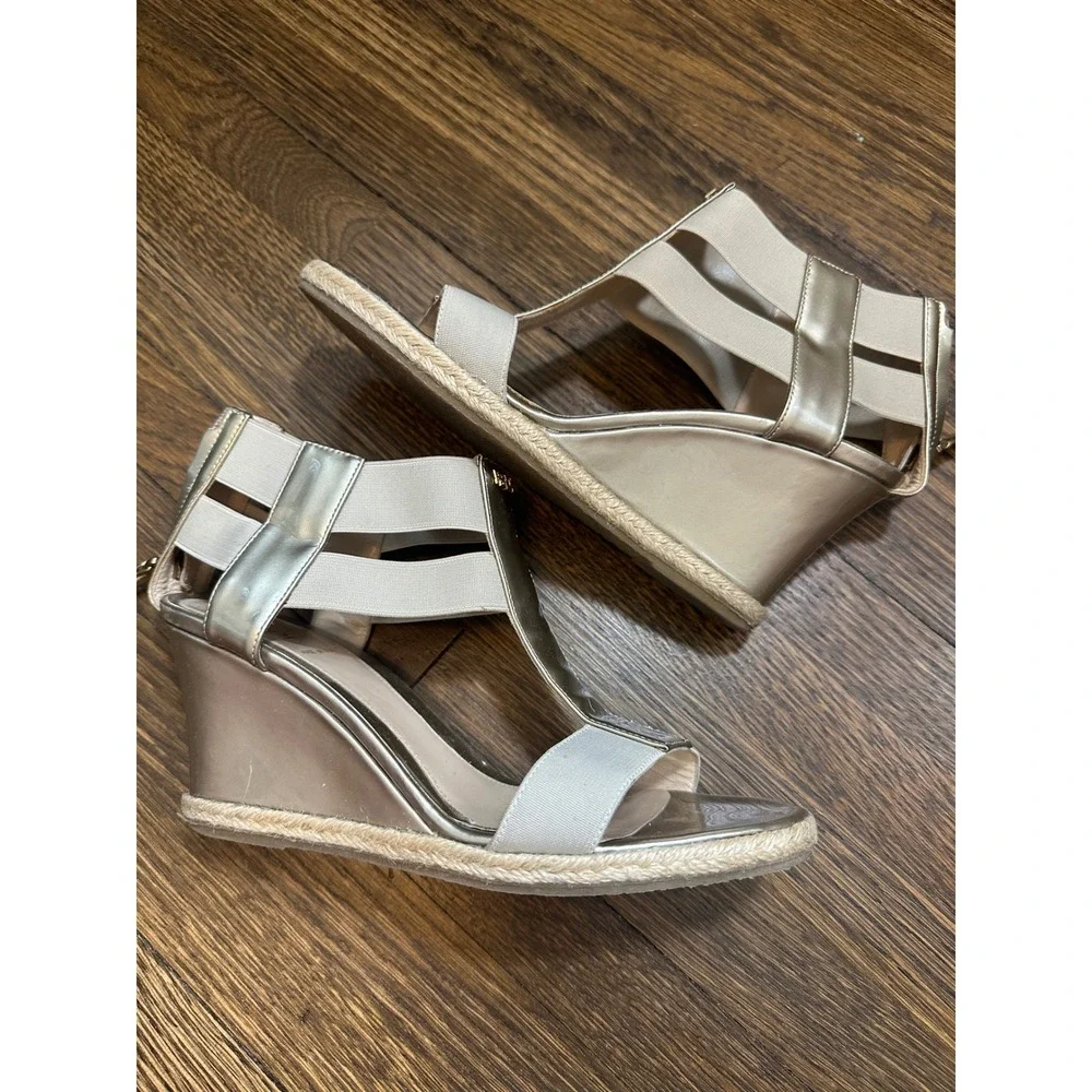 Fendi Womens Metallic Gold Caged Espadrille Wedge Sandals Back Zip Italy 36.5